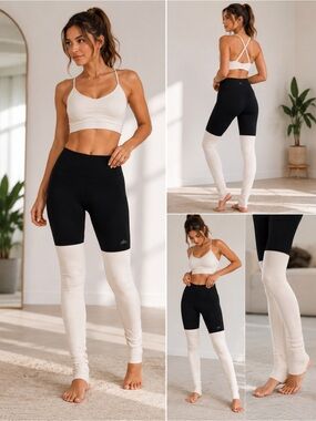 Alo Yoga Black White Colorblock Ruched Leggings Balletcore Pilates Pants M